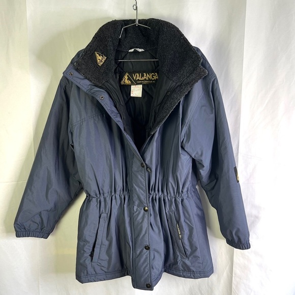 VALANGA BLUE WINTER COAT WARM VINTAGE WITH HOODIE COAT FAUX SHERPA WOMAN SIZE 12 - Picture 14 of 16